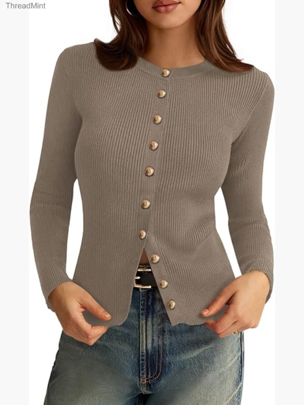 Lightweight Ribbed Knit Cardigan Sweater Long Sleeve Button Down Crewneck Tops